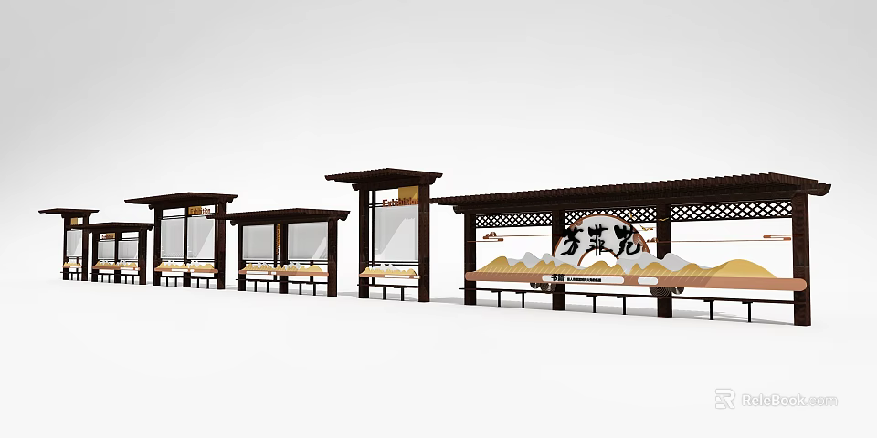 Traditional Chinese Wooden Pergola With Lattice Design And Benches For Garden Space 3d model 