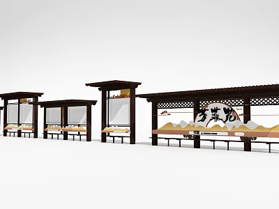 Traditional Chinese Wooden Pergola With Lattice Design And Benches For Garden Space 3d model