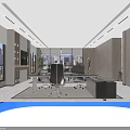 Modern Office Interior Design With Large Windows City View TV Screen Orange Shelves And Plants