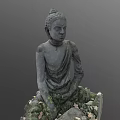 Stone Carved Buddha Sculpture In Sitting Posture With Moss And Fallen Leaves