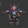 Fantasy Warrior Character With Skull Head Blue Armor Red Scarf Weapons And Decorative Gourd Standing Pose