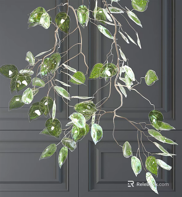 Artistic Branch Chandelier With Green Leaves And Metal Frame For Modern Decor 3d model 