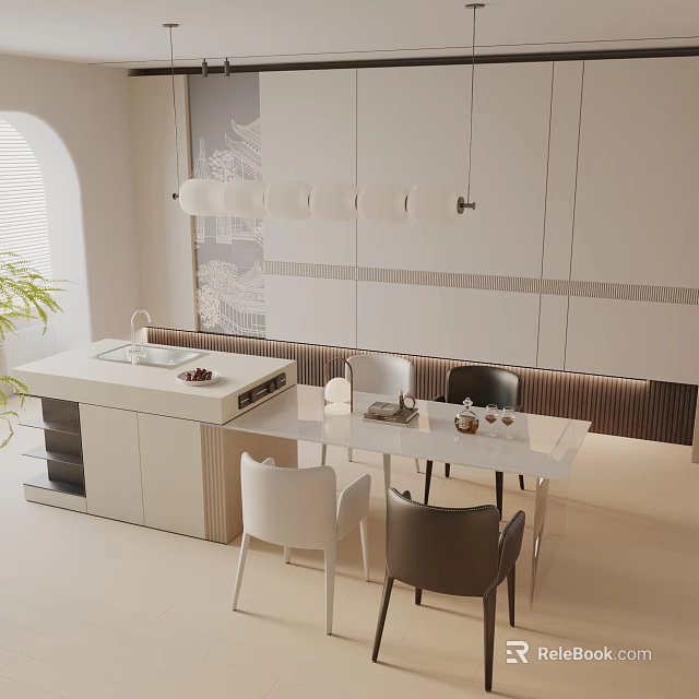 Modern Dining Table Set With White Table Gray And White Chairs In Open Kitchen 3d model