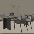 Modern Dining Table Set With Marble Top White Grey Chairs Green Plant And Yellow Fruits