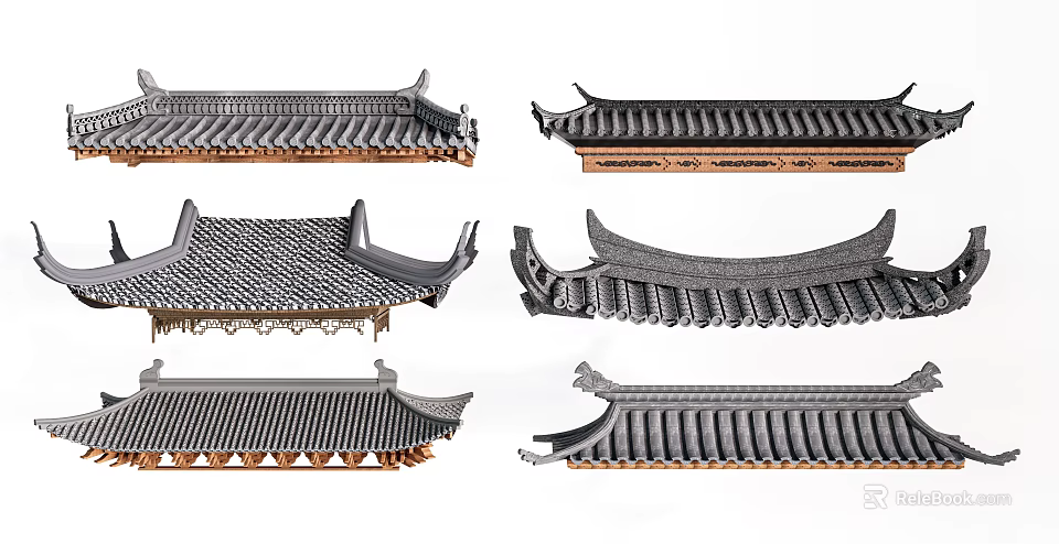 Traditional Ancient Chinese Architectural Roof Components With Various Tiled Designs And Eave Details 3d model 