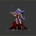 Game Fantasy Character With Blue Purple Hair Red Robe Holding Ancient Book And Magic Orb