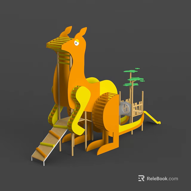 Colorful Kangaroo Shaped Play Equipment with Stairs Slide and Small Tree Decorations 3d model 