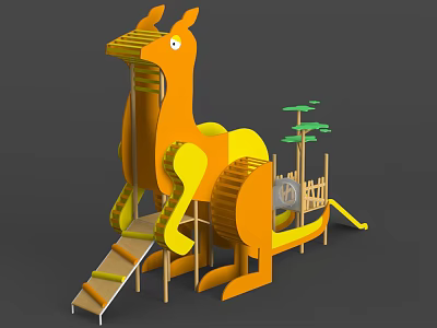 Colorful Kangaroo Shaped Play Equipment with Stairs Slide and Small Tree Decorations 3d model