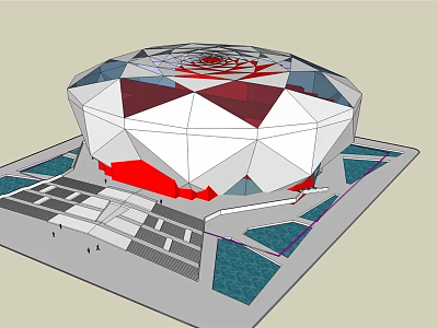 Large Circular Stadium With Geometric Exterior White Red Blue Panels And Plaza Green Space 3d model