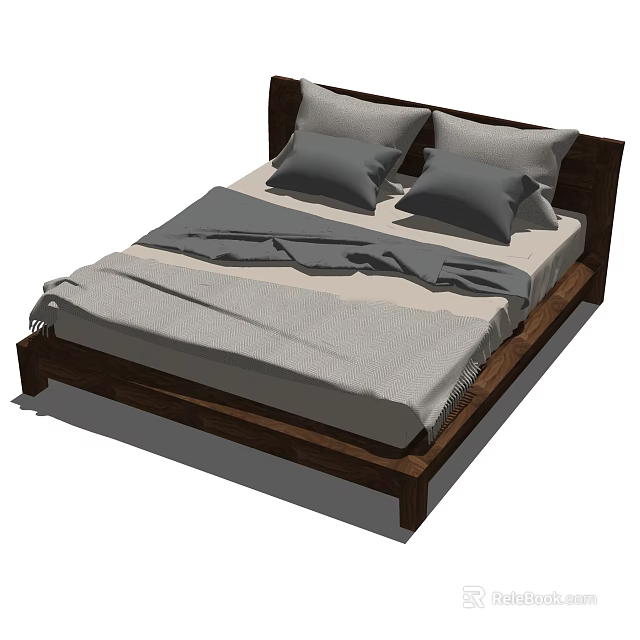 Double Bed With Wooden Frame And Gray Pillows And Blanket Modern Design 3d model 