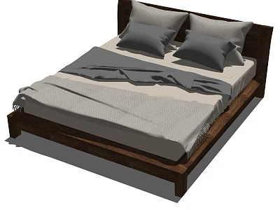 Double Bed With Wooden Frame And Gray Pillows And Blanket Modern Design 3d model