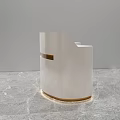 Sleek Modern Reception Desk With White Curved Design Brown Accent Strip On Gray Marble Floor