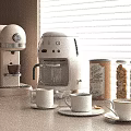Modern Kitchen Countertop With Coffee Machine And Kitchen Appliances Jars Cups And Stylish Setting