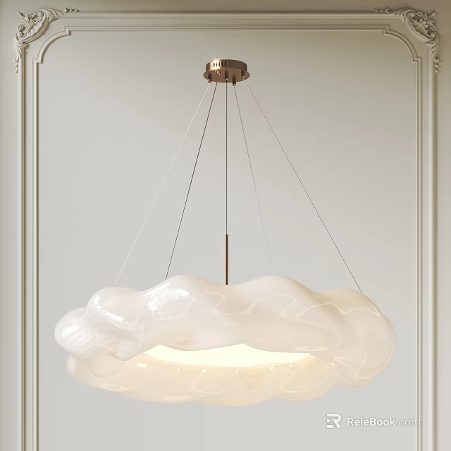 Glossy White Cloud Shaped Chandelier With Golden Base Hanging Against Light Colored Walls 3d model 