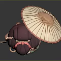 Japanese Geisha Doll Figure With Traditional Hairstyle Cherry Blossom Kimono And Bamboo Umbrella
