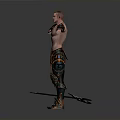 Shirtless Muscular Man With Arms Outstretched In Ornate Pants And Boots Holding Spear