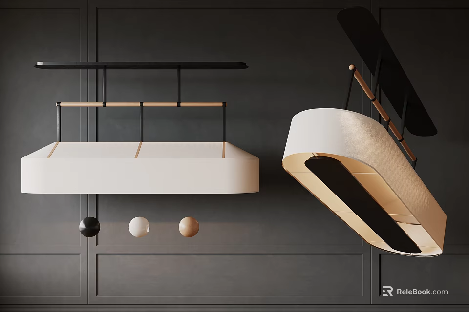 Modern Pendant Lights With Rectangular White And Curved Black Designs And Spherical Balls 3d model