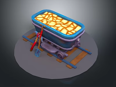 Mining Train Cart Loaded With Ore On Wooden Rail Tracks And Tools 3d model