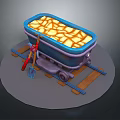 Mining Train Cart Loaded With Ore On Wooden Rail Tracks And Tools