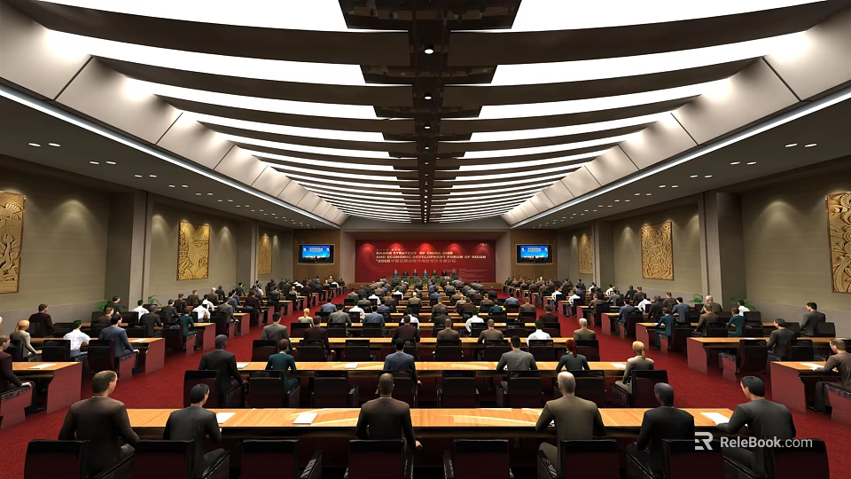Spacious Conference Room Interior With Long Tables Many Attendees And Large Screens 3d model 
