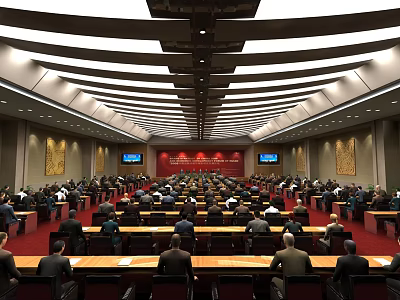 Spacious Conference Room Interior With Long Tables Many Attendees And Large Screens 3d model