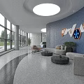 Hi Tech Modern Exhibition Hall With Curved Platforms Large Screen Glass Cases And Blue Lighting
