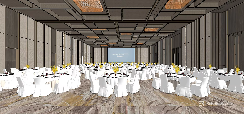 Formal Banquet Hall With White Chairs Tables Yellow Floral Centerpieces Projection Screen And Ceiling Lights 3d model 