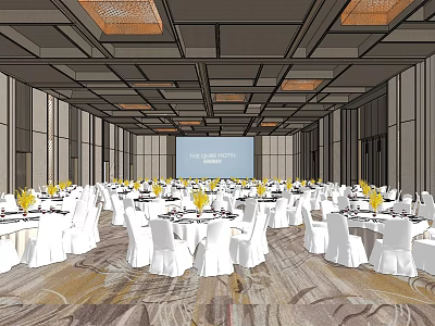 Formal Banquet Hall With White Chairs Tables Yellow Floral Centerpieces Projection Screen And Ceiling Lights 3d model