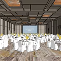 Formal Banquet Hall With White Chairs Tables Yellow Floral Centerpieces Projection Screen And Ceiling Lights