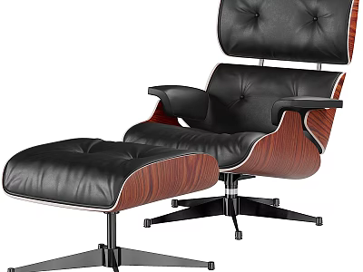 Elegant Modern Black Leather Lounge Chair With Wooden Armrest And Ottoman 3d model
