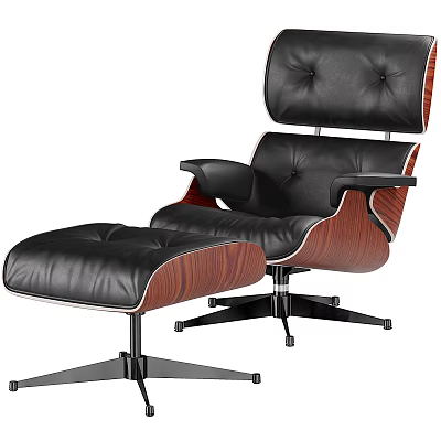 Elegant Modern Black Leather Lounge Chair With Wooden Armrest And Ottoman 3d model
