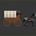 Stylized Wooden Cart With Canvas Cover Detailed Wheels Pulled By Decorated Horse And Driver