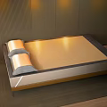 Modern Comfortable Bedroom With Golden Mat Wooden Headboard LED Strip And Gray Curtains