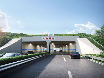 Highway Tunnel Entrance With Two Way Lanes And Green Slopes For Vehicles 3d model