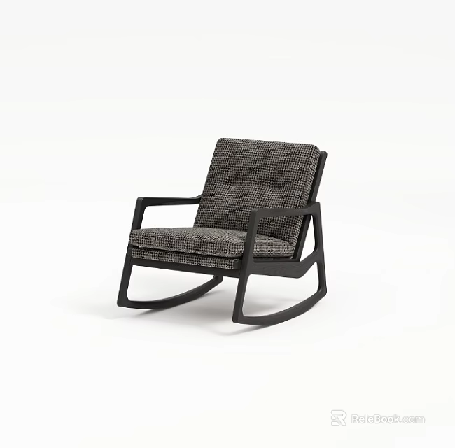 Gray Patterned Fabric Rocking Chair with Wooden Frame Armrests and Padded Seat Back 3d model 