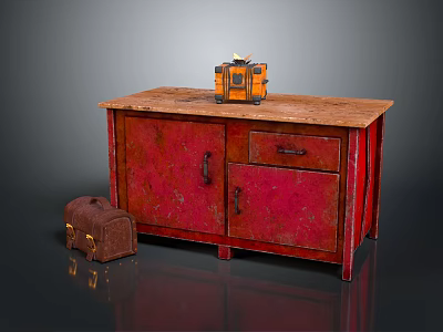 Vintage Red Cabinet With Orange Camera And Brown Suitcase On Wooden Tabletop 3d model