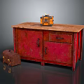 Vintage Red Cabinet With Orange Camera And Brown Suitcase On Wooden Tabletop