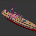 Detailed Vintage Water Vessel Model with Yellow Superstructure Red Hull Multiple Chimneys and Mast