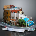 Vintage Urban Building With Mixed Colorful Facades And Street View Details