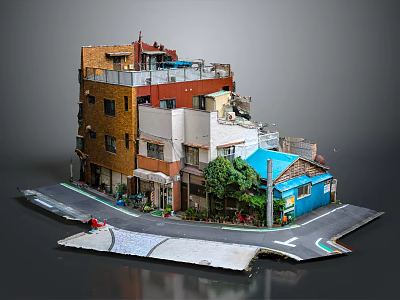 Vintage Urban Building With Mixed Colorful Facades And Street View Details 3d model
