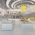 Modern Bright Dessert Shop in Shopping Area With Cashier Counters Display Cases and Colorful Decorations