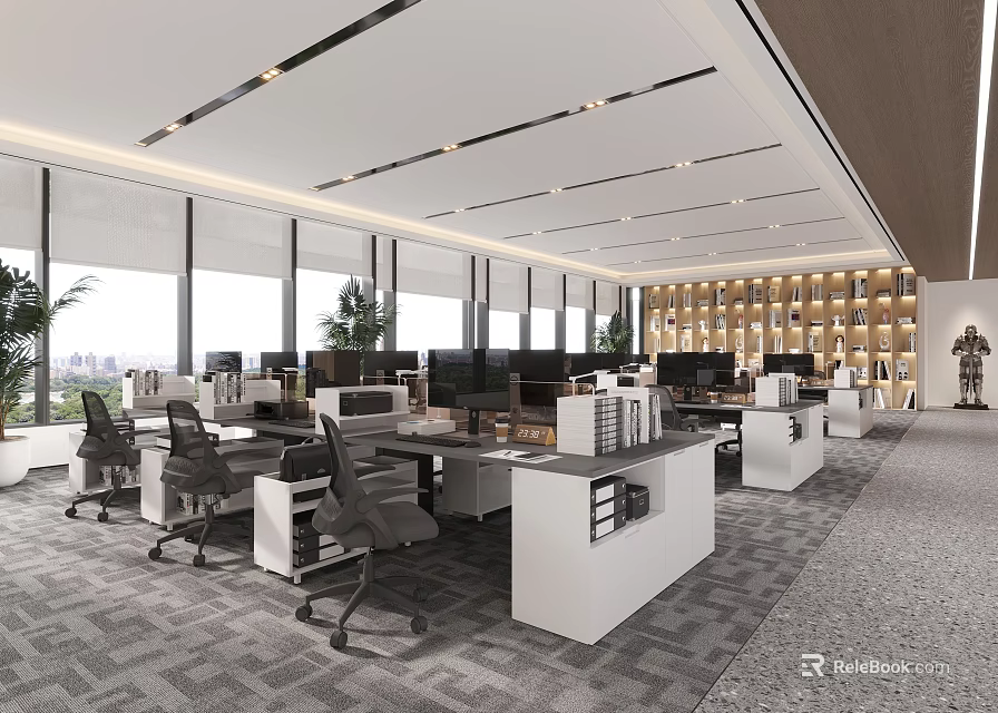 Modern Public Office Space with Desks Office Chairs Computers and Large Windows 3d model 