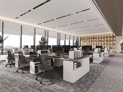 Modern Public Office Space with Desks Office Chairs Computers and Large Windows 3d model