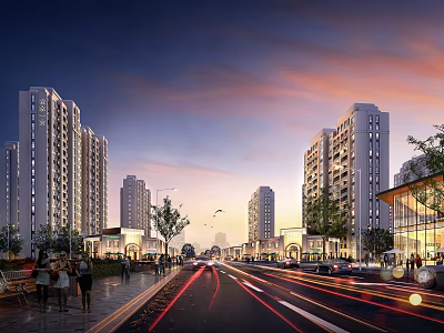 Evening Commercial Street With High Rise Buildings Pedestrians And Moving Vehicles 3d model