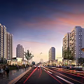 Evening Commercial Street With High Rise Buildings Pedestrians And Moving Vehicles