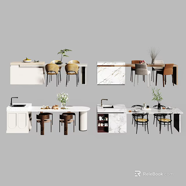Modern Dining Table Set With Marble Top White Counter Chairs And Potted Plants 3d model 