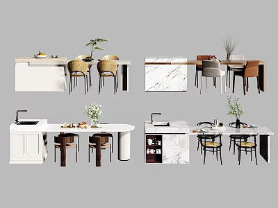 Modern Dining Table Set With Marble Top White Counter Chairs And Potted Plants 3d model