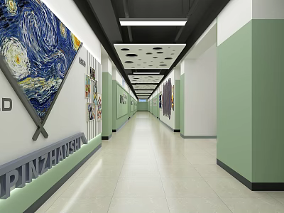 School Corridor With Van Gogh Artwork Green White Walls And Light Tile Floor 3d model