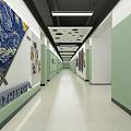 School Corridor With Van Gogh Artwork Green White Walls And Light Tile Floor 3d model