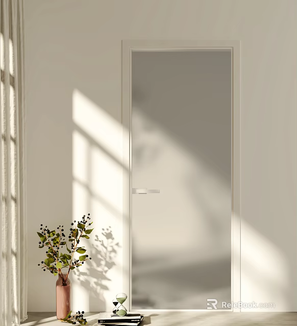 White Frosted Glass Swing Door With Sunlight Light Shadow And Green Plant 3d model 